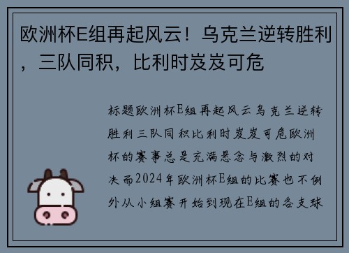 欧洲杯E组再起风云！乌克兰逆转胜利，三队同积，比利时岌岌可危