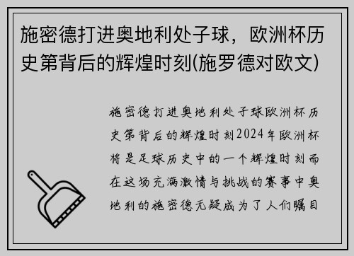 施密德打进奥地利处子球，欧洲杯历史第背后的辉煌时刻(施罗德对欧文)