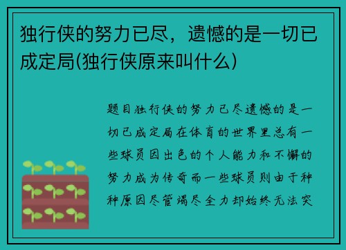 独行侠的努力已尽，遗憾的是一切已成定局(独行侠原来叫什么)