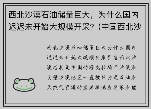 西北沙漠石油储量巨大，为什么国内迟迟未开始大规模开采？(中国西北沙漠地区煤炭的优点)